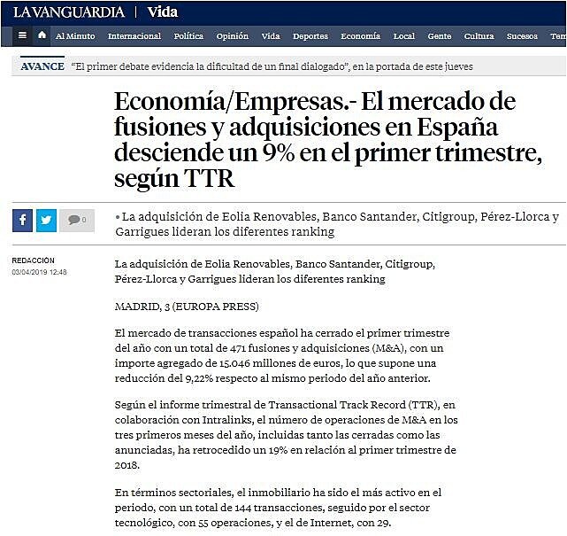 El mercado de fusiones y adquisiciones en Espaa desciende un 9% en el primer trimestre, segn TTR